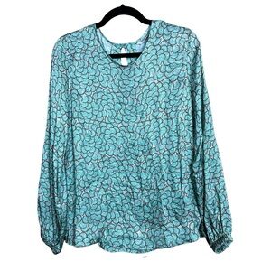 Summum Satin Funky Floral Scoop Neck Long Sleeve Keyhole Back Flowy Blouse Top